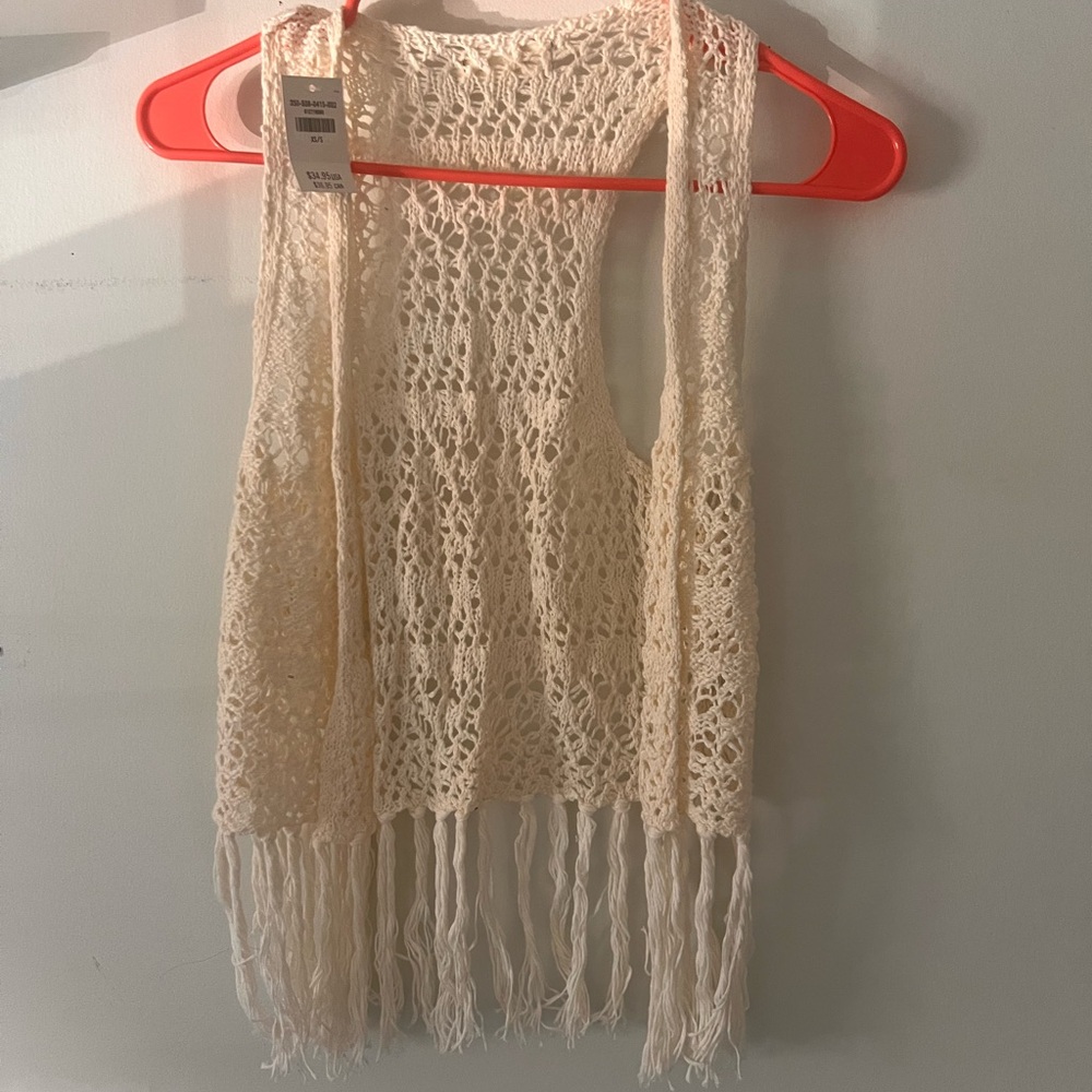Hollister Cream Crochet Fringe Vest